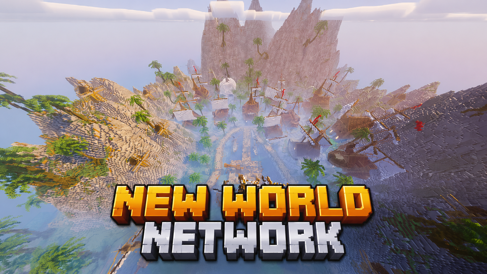 New World Network Minecraft island with ships, cliffs, palm trees, and a gold and silver logo